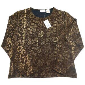NWT Christie & Jill Women's Shimmer Gold Floral Long Sleeve Shirt X-Large XL